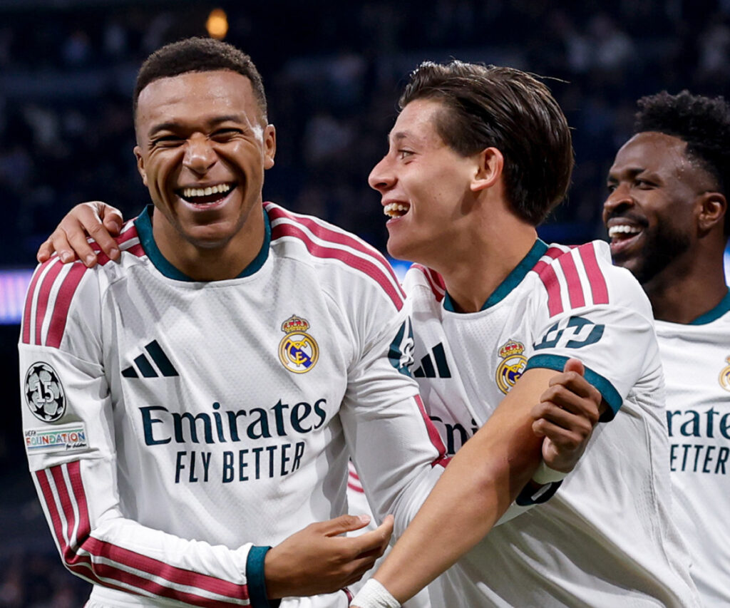 Mbappé y Arda celebran un gol frente al Leipzig. Foto: @realmadrid